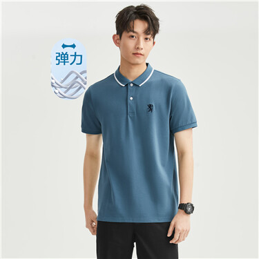Lion embroidery stretch short sleeve polo shirt