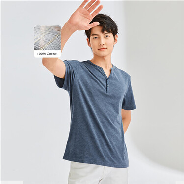 Solid color henley-neck short-sleeve tee