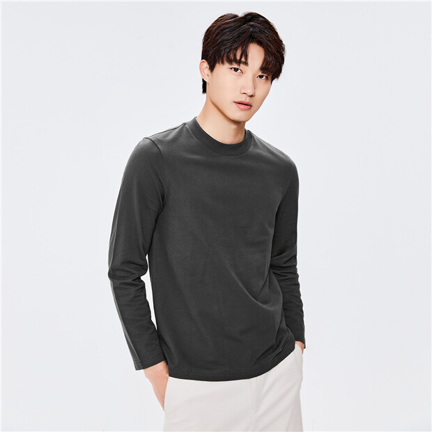 Plain color mockneck long sleeve cotton tee | GIORDANO Online Store