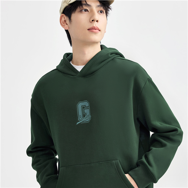 Plush embroidered kangaroo hood knitted pullover sweatshirt