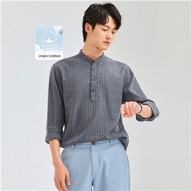 Linen-cotton stripe stand collar shirt