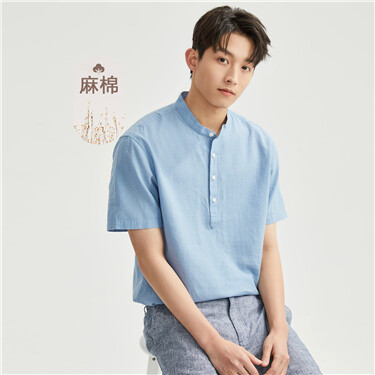 Linen cotton stand collar short sleeve shirt