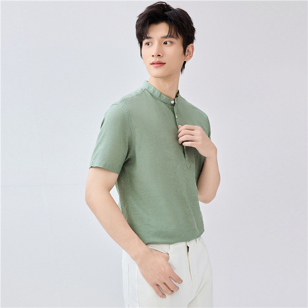 Linen cotton mandarin collar short sleeve shirt | GIORDANO Online