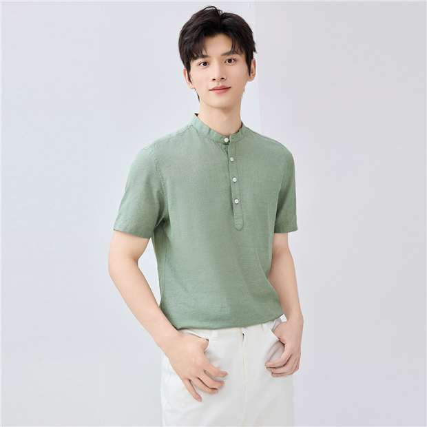 Linen cotton mandarin collar short sleeve shirt | GIORDANO Online