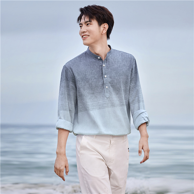 Online Exclusive】Men's Natural Linen Cotton Stand Collar Half