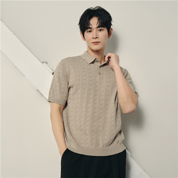 Men Korea Cotton Blend Cable Knit Short-Sleeve Polo Shirt