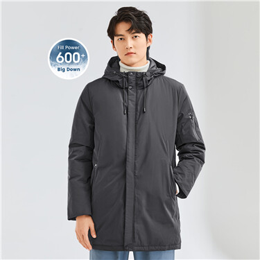Mid-long hooded 90% grey duck down jacket