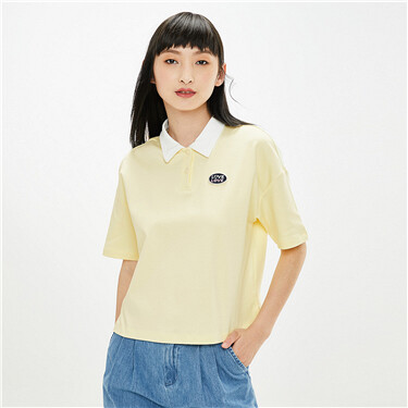 Cotton Double Faced Cloth With Embroidered patch & Contrast Collar Loose Short Sleeve POLO