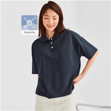 【Online Exclusive】Loose stretchy pique short-sleeve polo shirt