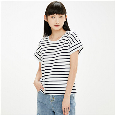 Cotton stripe loose crewneck t-shirt