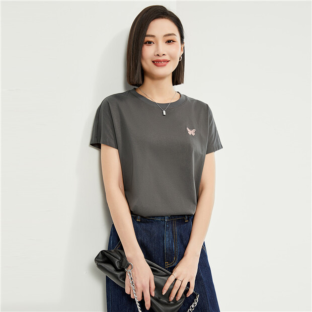 Butterfly embroidery short sleeve cotton tee | GIORDANO