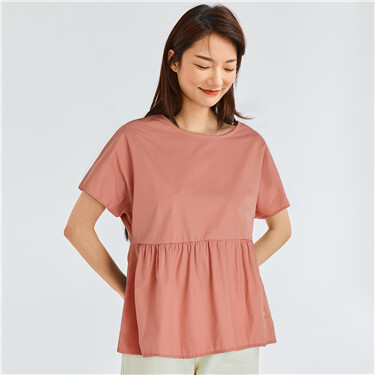 纯棉荷叶下摆和服袖圆领休闲衬衫