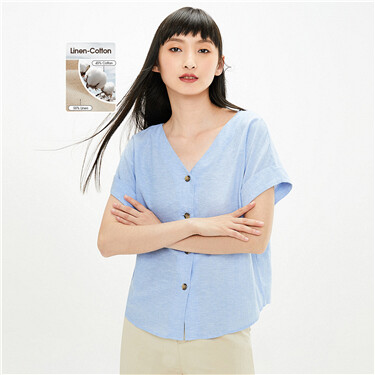 Linen-cotton loose v-neck shirt