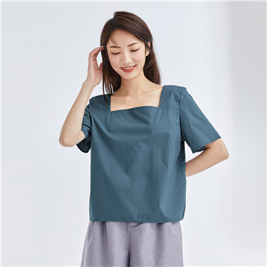 Square neck buttons short-sleeve shirt
