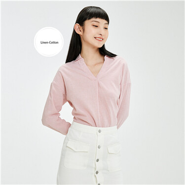 Linen-cotton v-neck turn-down collar shirt
