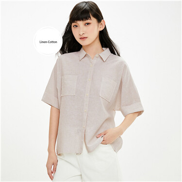 Linen-cotton cargo loose short sleeves shirt
