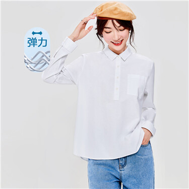 弹力牛津纺梭织半开胸长袖休闲衬衫