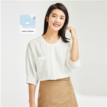 Linen cotton pocket loose 3/4 sleeve shirt