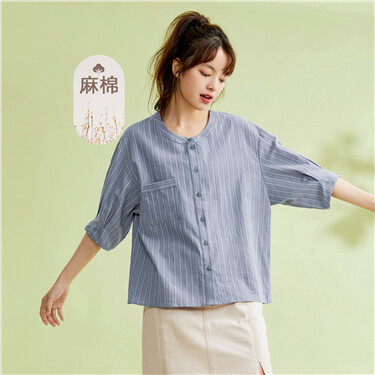 Linen cotton elbow-length sleeve loose shirt