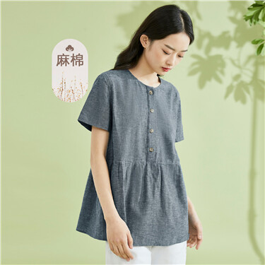 Linen cotton ruffle hem short sleeve shirt