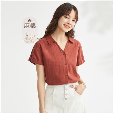 Linen cotton v-neck short sleeve shirt