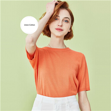 Natural linen cotton round Neck Short Sleeve Pullover Sweater