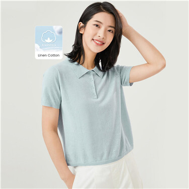 Linen-cotton solid color short-sleeve polo shirt