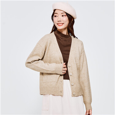 Thick v-neck double pockets loose cardigan