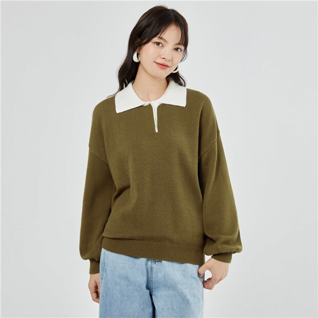 Contrast color turn down collar loose sweater GIORDANO Online Store