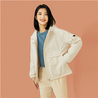 Solid color multi-pocket hooded jacket