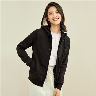 Solid color open placket hooded jacket