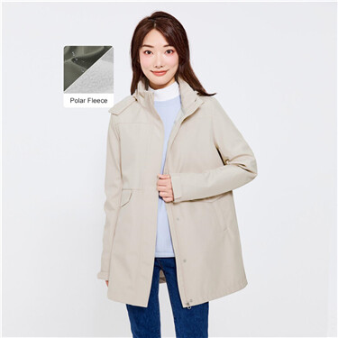 Polar fleece detachable hood mid long jacket