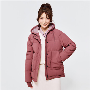 Solid color raglan sleeve hooded padded coat