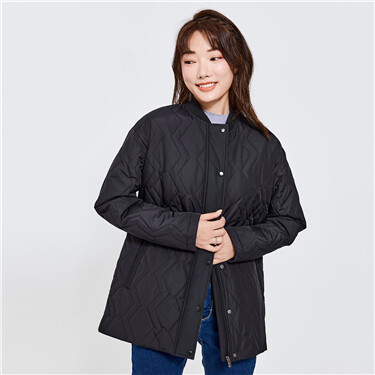 Quilted stand collar mid long jacket