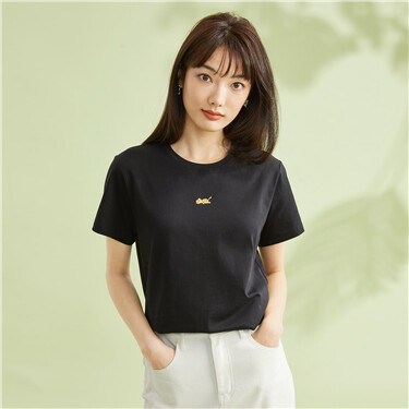 Lazy animal embroidery short sleeve cotton tee
