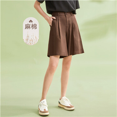 Linen cotton half elastic waist pleated shorts