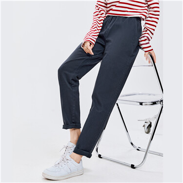 Plain color elastic waist stretchy pants