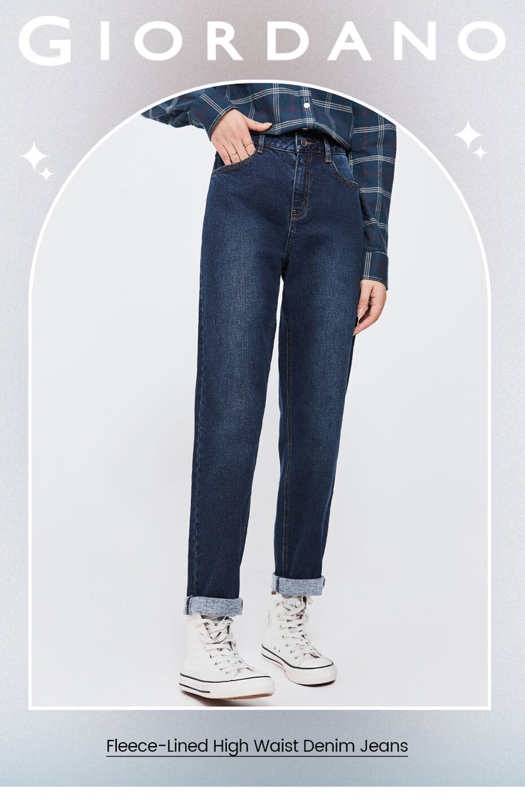 Fleece-lined high waist denim jeans