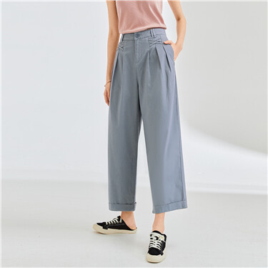 Linen-cotton pleated wide leg ankle length pants