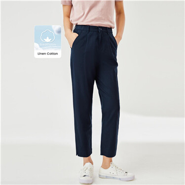 Linen-cotton half elastic waist pants