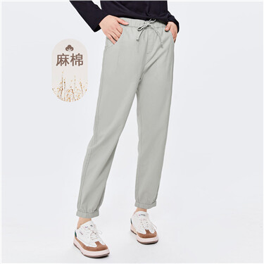 Linen cotton elastic waist ankle length pants