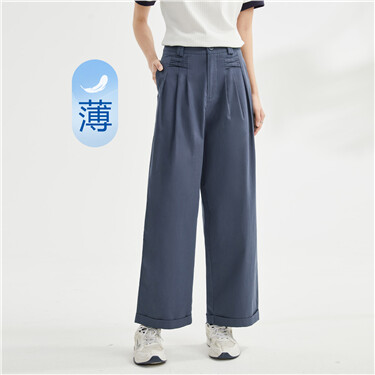 Braid pleated high waist cotton pants