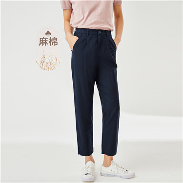 Linen cotton half elastic waist pants