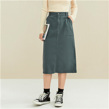 Patch pockets half elastic waist skirt