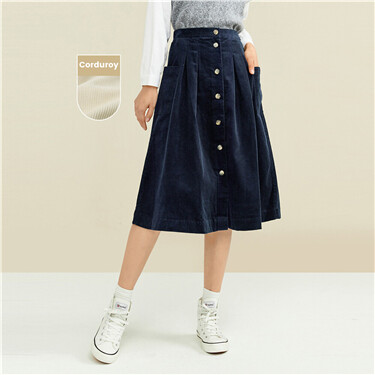 Corduroy half elastic  waistband skirt