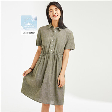 Linen cotton half placket shirt dress