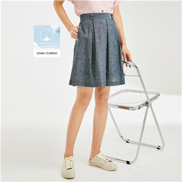 Linen cotton high waist pleated skirt