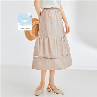 Linen cotton elastic waist hollow skirt