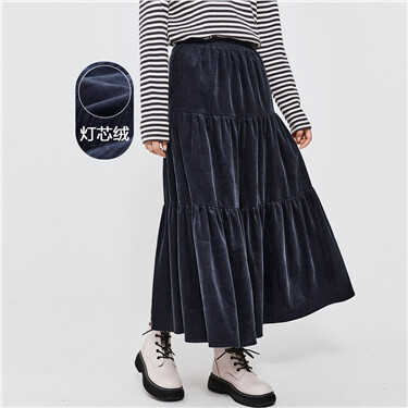 Elastic waist corduroy cotton long layered skirt