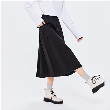Cargo pockets elastic waist cotton long skirt